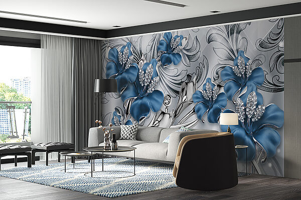 Silver and blue flowers on a silver and black background Silver and blue flowers on a silver and black background