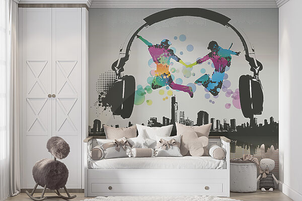 Couple of people jumping in the air with headphones Couple of people jumping in the air with headphones