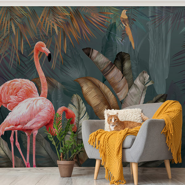 Flamencos rosas y un pájaro en un bosque Flamencos rosas y un pájaro en un bosque