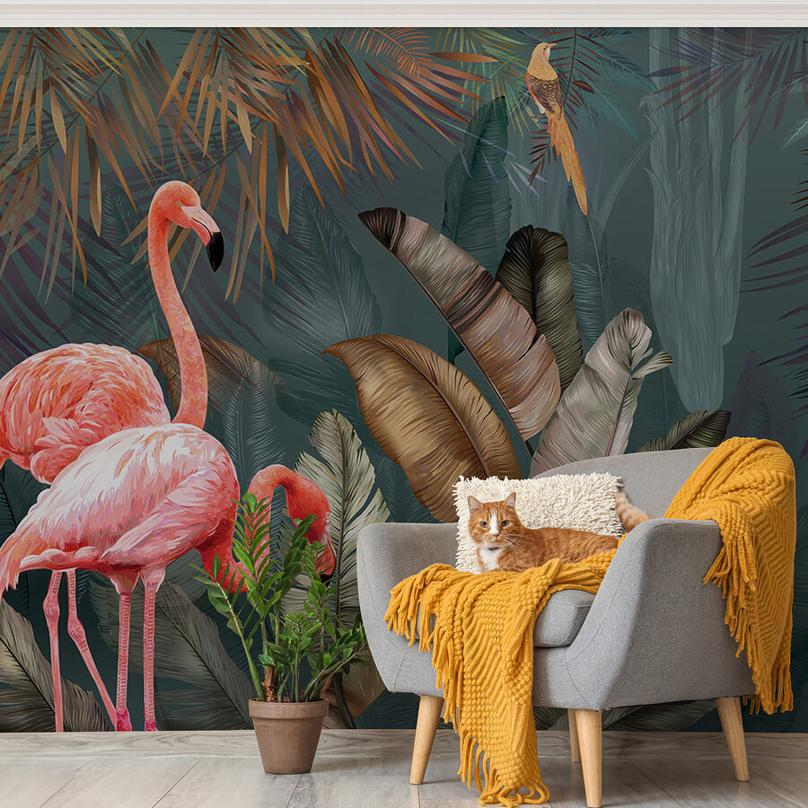 Flamencos rosas y un pájaro en un bosque