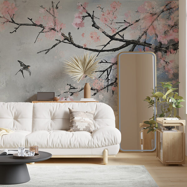 Rama de árbol con flores rosas y pájaros volando Rama de árbol con flores rosas y pájaros volando