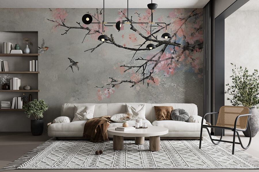 Rama de árbol con flores rosas y pájaros volando