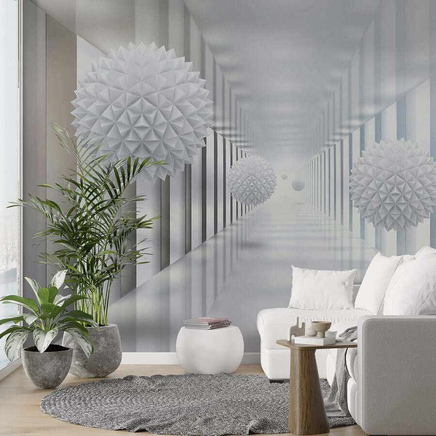 Habitación blanca con bolas blancas
