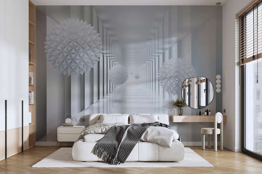 Habitación blanca con bolas blancas
