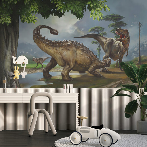 Pintura de dinosaurios cerca de un río Pintura de dinosaurios cerca de un río