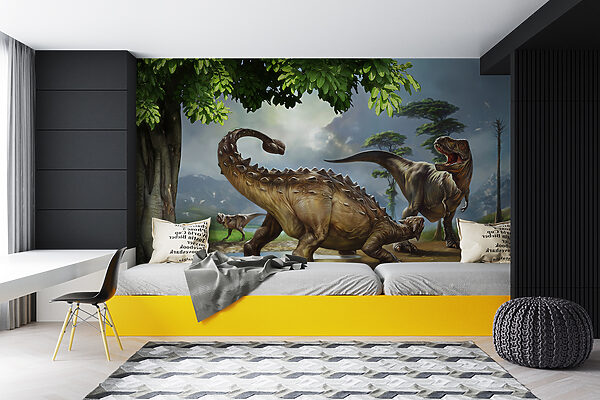 Pintura de dinosaurios cerca de un río Pintura de dinosaurios cerca de un río