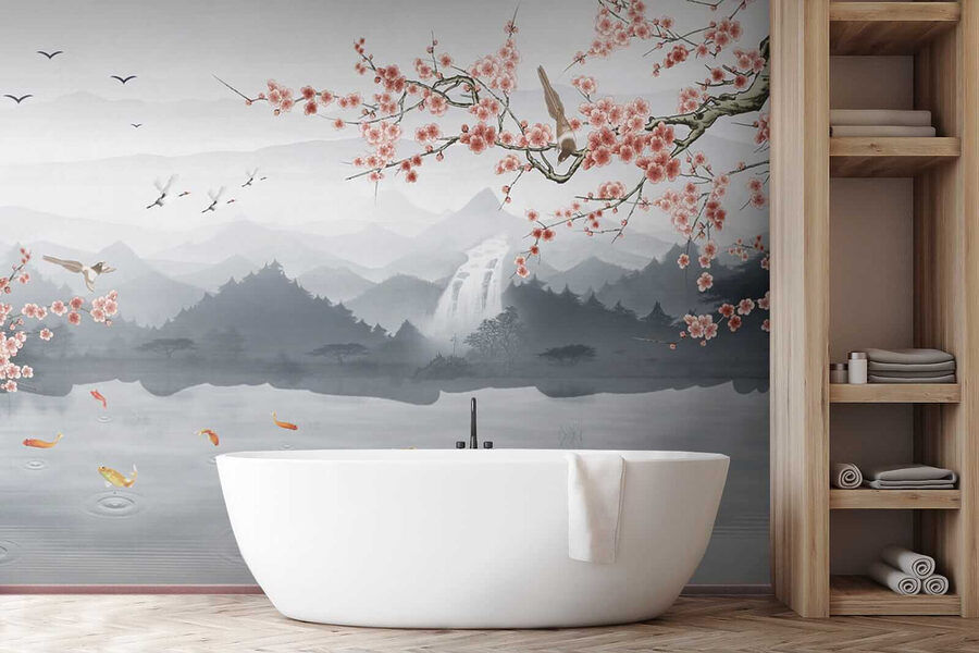 Pintura de un río con una cascada y pájaros Pintura de un río con una cascada y pájaros