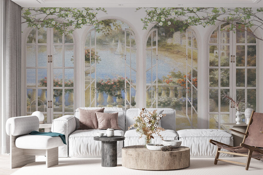 Wall mural of a garden with a view of a balcony