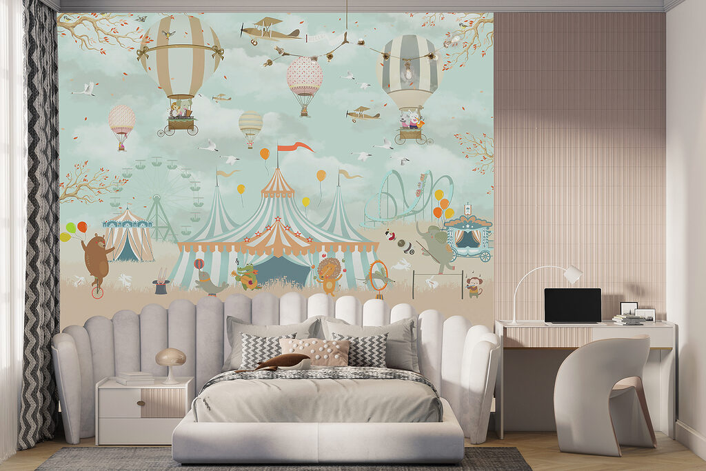 Circus tent with hot air balloons and birds