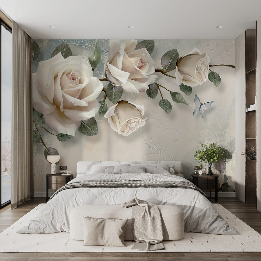 Delicadas rosas con suaves mariposas.