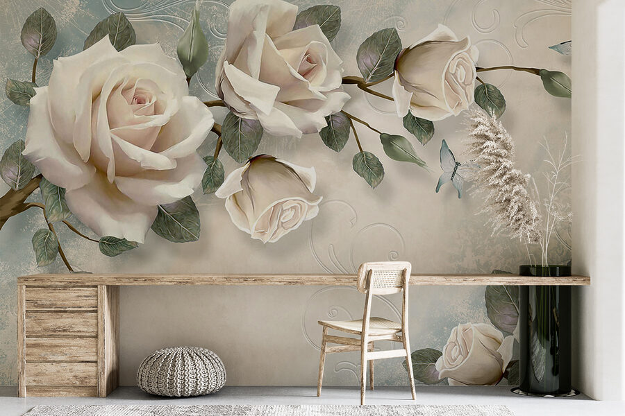Delicadas rosas con suaves mariposas.
