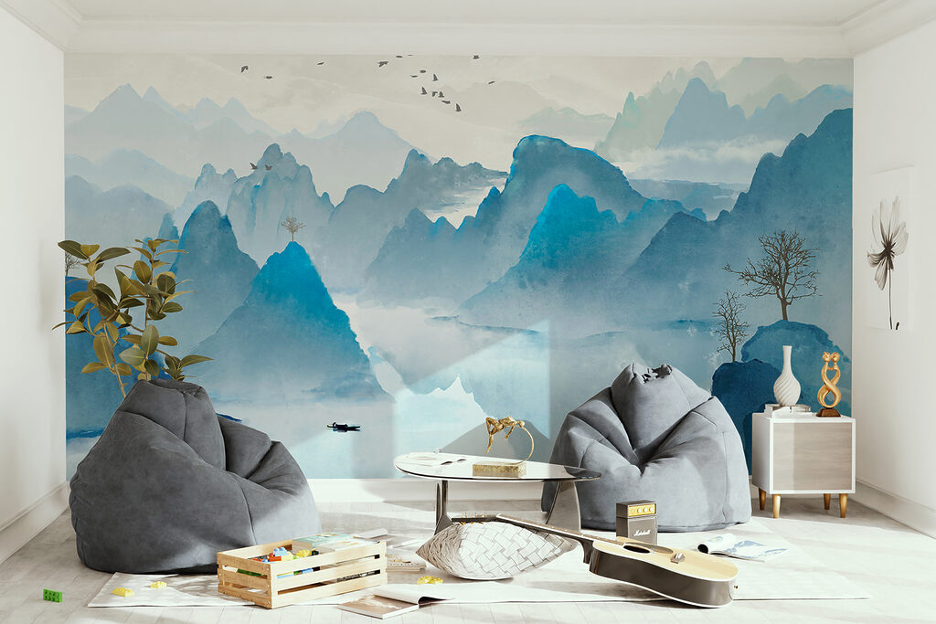 Watercolor painting of mountains and birds Watercolor painting of mountains and birds