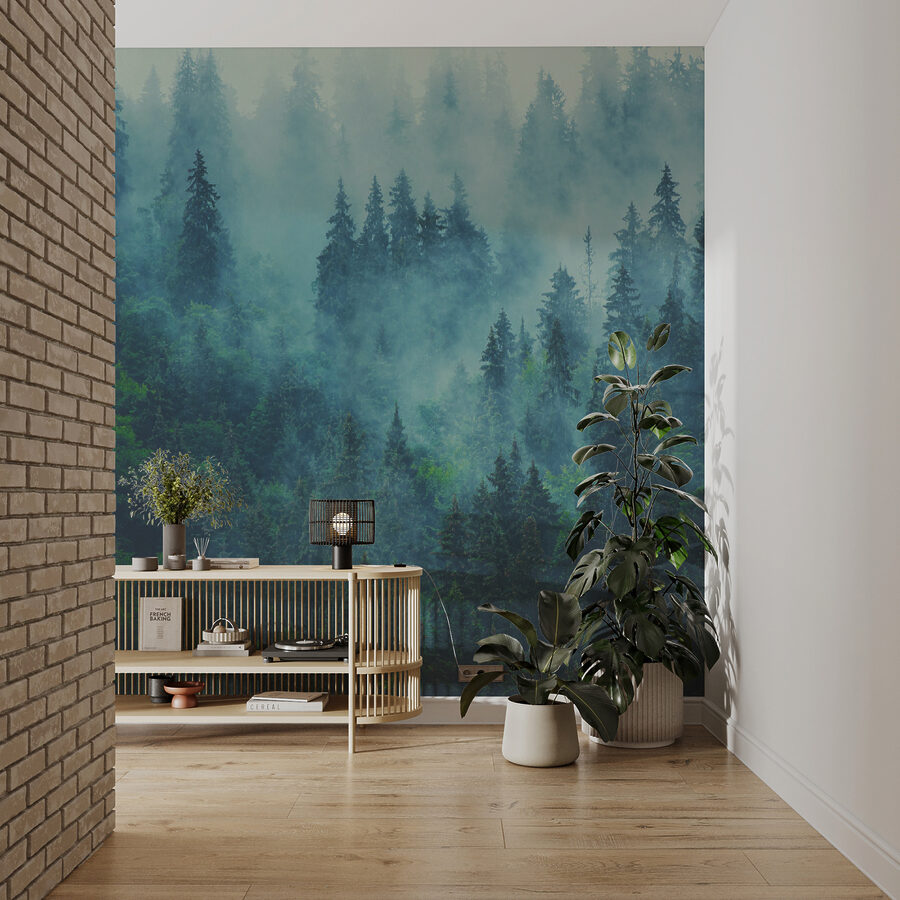 Bosque brumoso con árboles