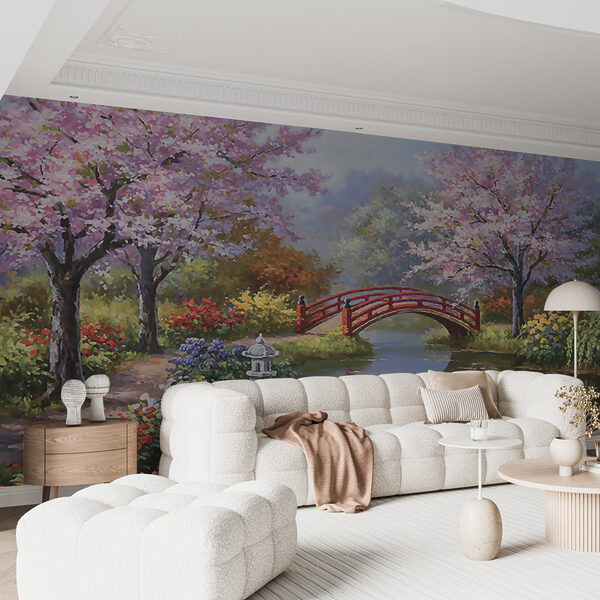 Pintura de un estanque con un puente y flores u35418pig15ms 600x600 - Pintura de un estanque con un puente y flores