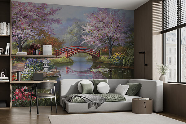Pintura de un estanque con un puente y flores u35418pib3mr 600x400 - Pintura de un estanque con un puente y flores