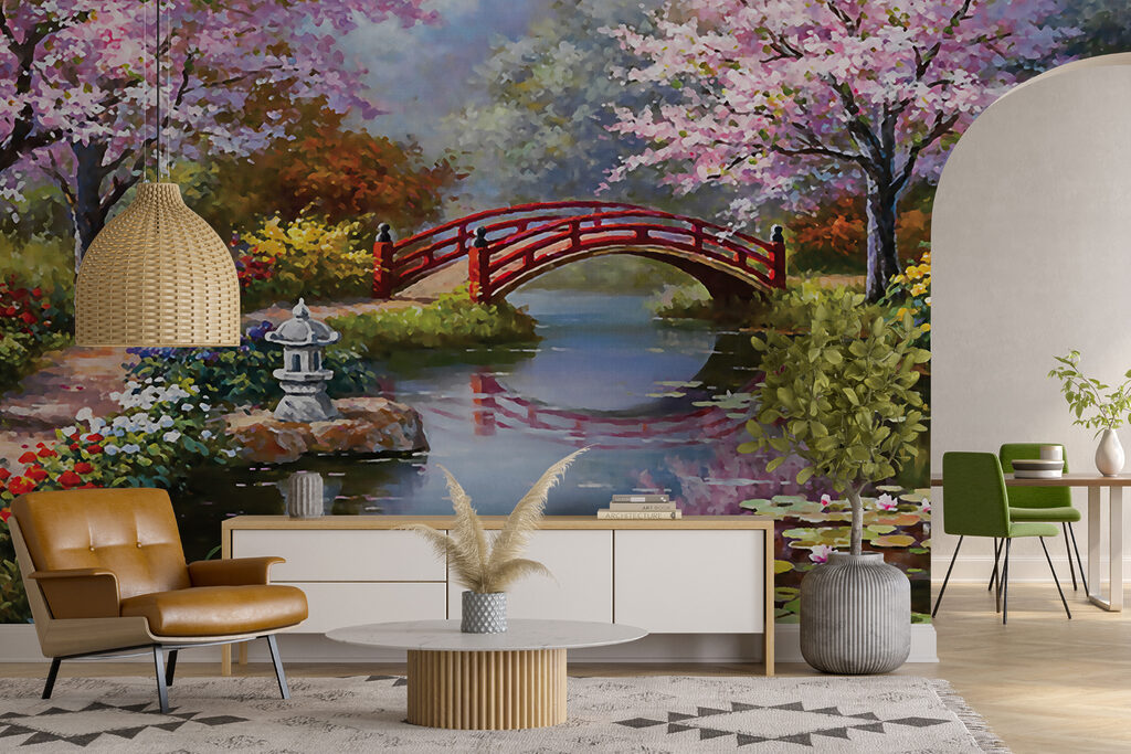 Pintura de un estanque con un puente y flores u35418pig16mr 1024x683 - Pintura de un estanque con un puente y flores