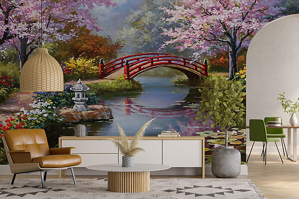 Pintura de un estanque con un puente y flores u35418pig16mr 600x400 - Pintura de un estanque con un puente y flores
