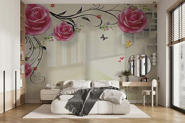Papel pintado con rosas y pájaros Papel pintado con rosas y pájaros