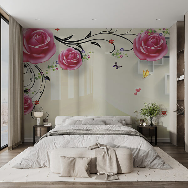 Papel pintado con rosas y pájaros Papel pintado con rosas y pájaros