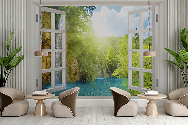 Ventana con cascada y árboles Ventana con cascada y árboles