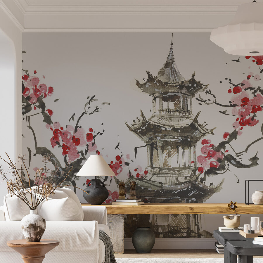 Pintura de una pagoda y cerezos en flor