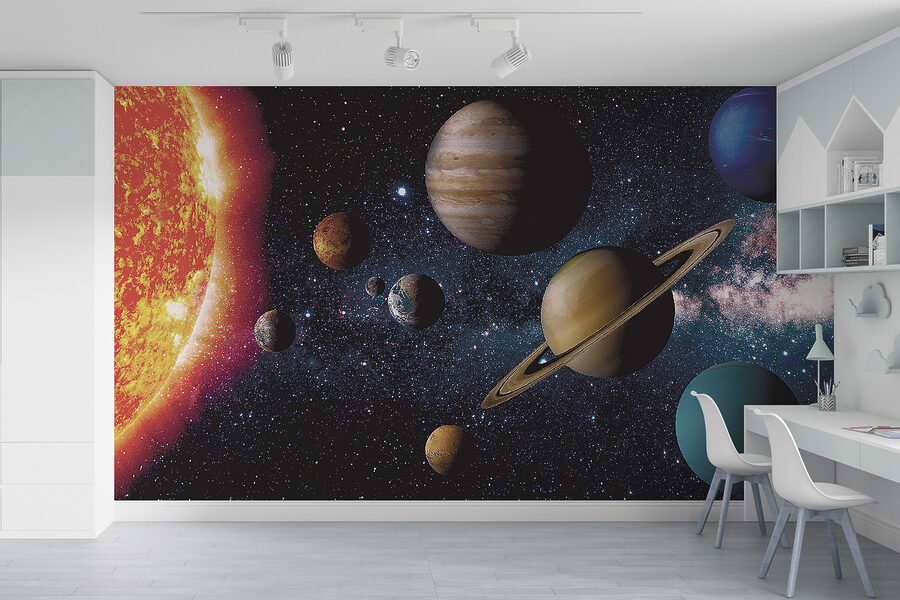 Planetas en el espacio con estrellas y una estrella brillante