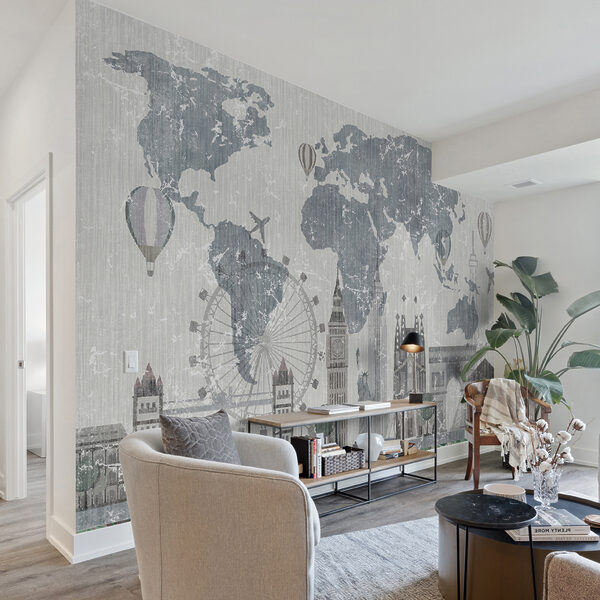 Mapa del mundo con edificios y una noria Mapa del mundo con edificios y una noria