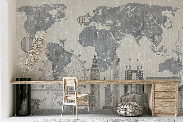 Mapa del mundo con edificios y una noria Mapa del mundo con edificios y una noria