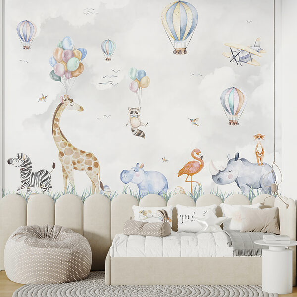 Mural de animales y globos Mural de animales y globos