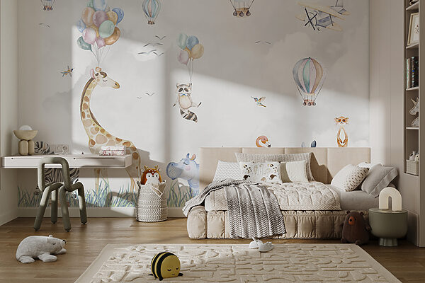 Mural de animales y globos Mural de animales y globos