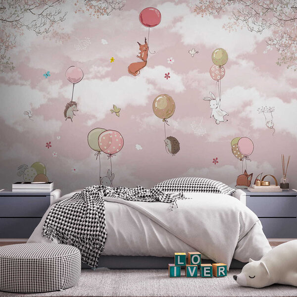 Group of animals flying with balloons in the sky