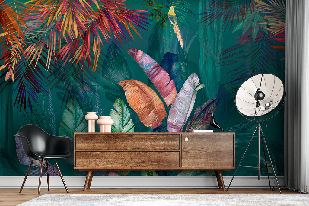 Colorful tropical leaves and birds