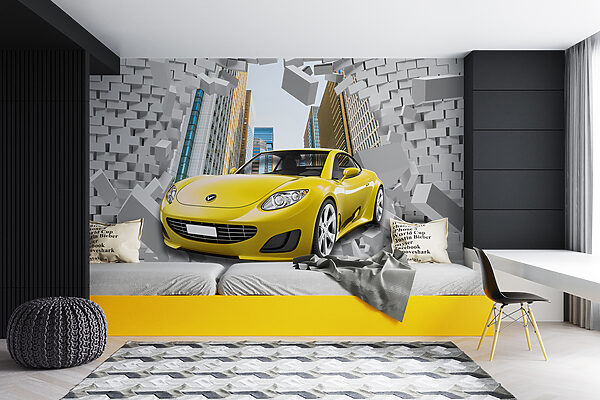 Coche amarillo en un muro de ladrillos Coche amarillo en un muro de ladrillos