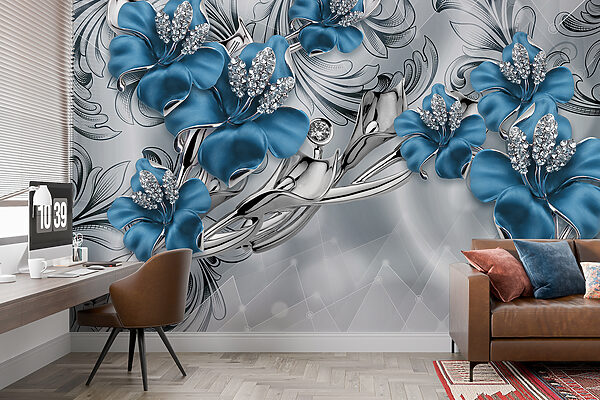 Silver and blue flowers on a silver and black background Silver and blue flowers on a silver and black background