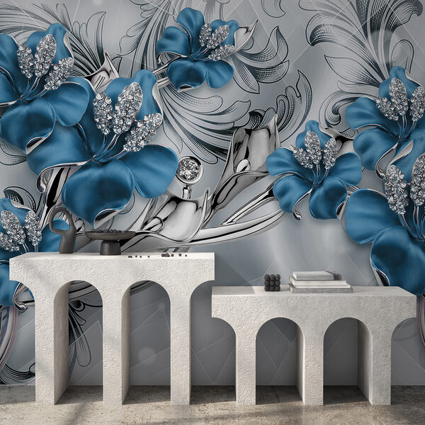 Silver and blue flowers on a silver and black background Silver and blue flowers on a silver and black background