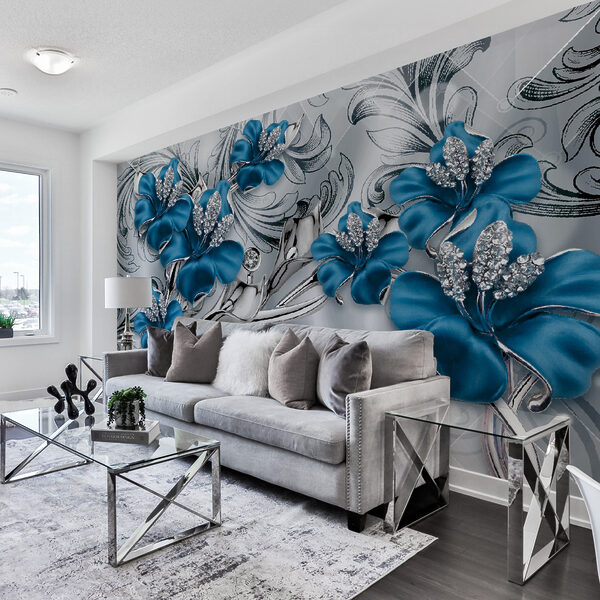 Silver and blue flowers on a silver and black background Silver and blue flowers on a silver and black background