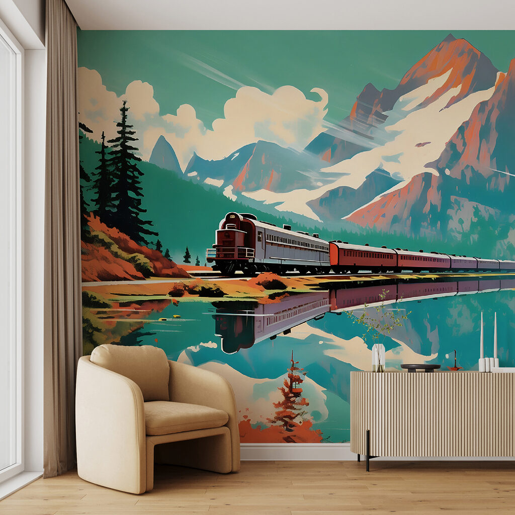 Train on the tracks by a lake