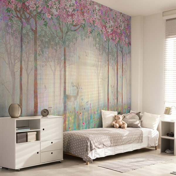Pintura de un bosque con árboles y flores Pintura de un bosque con árboles y flores