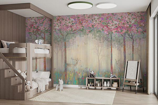 Pintura de un bosque con árboles y flores Pintura de un bosque con árboles y flores