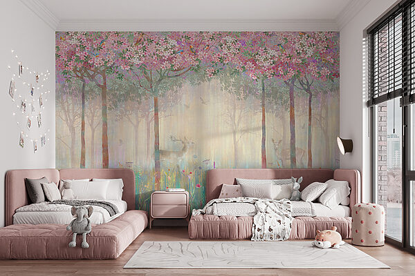 Pintura de un bosque con árboles y flores Pintura de un bosque con árboles y flores