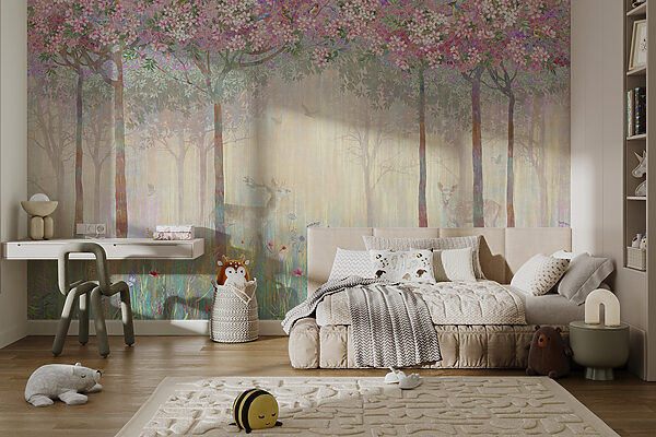 Pintura de un bosque con árboles y flores Pintura de un bosque con árboles y flores