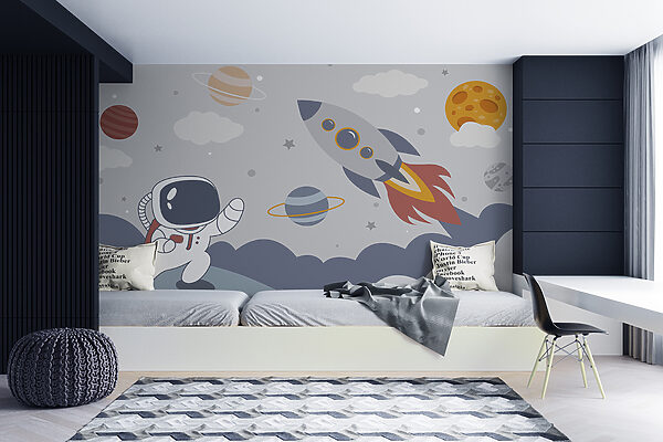 Dibujo animado de un astronauta caminando sobre un planeta con un cohete en el cielo Dibujo animado de un astronauta caminando sobre un planeta con un cohete en el cielo