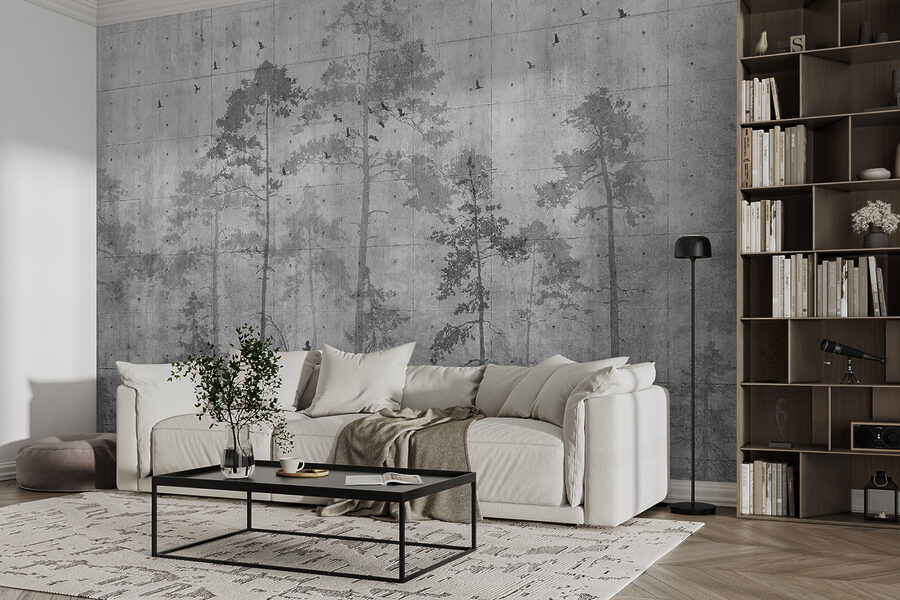 Pared gris con árboles y pájaros