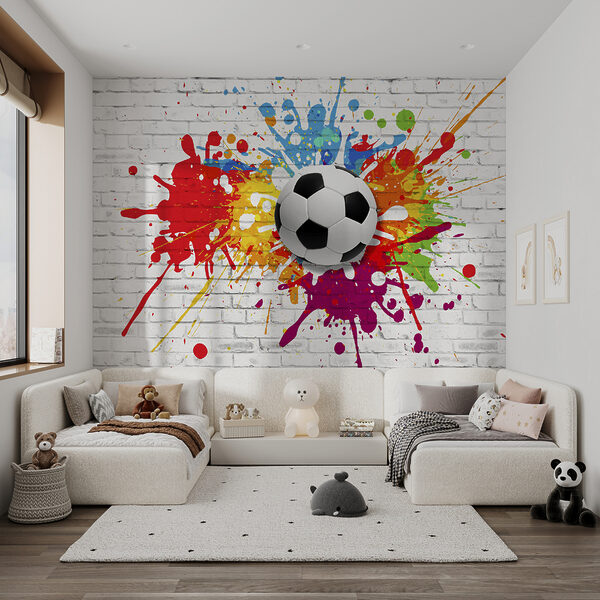 Balón de fútbol en una pared de ladrillos Balón de fútbol en una pared de ladrillos