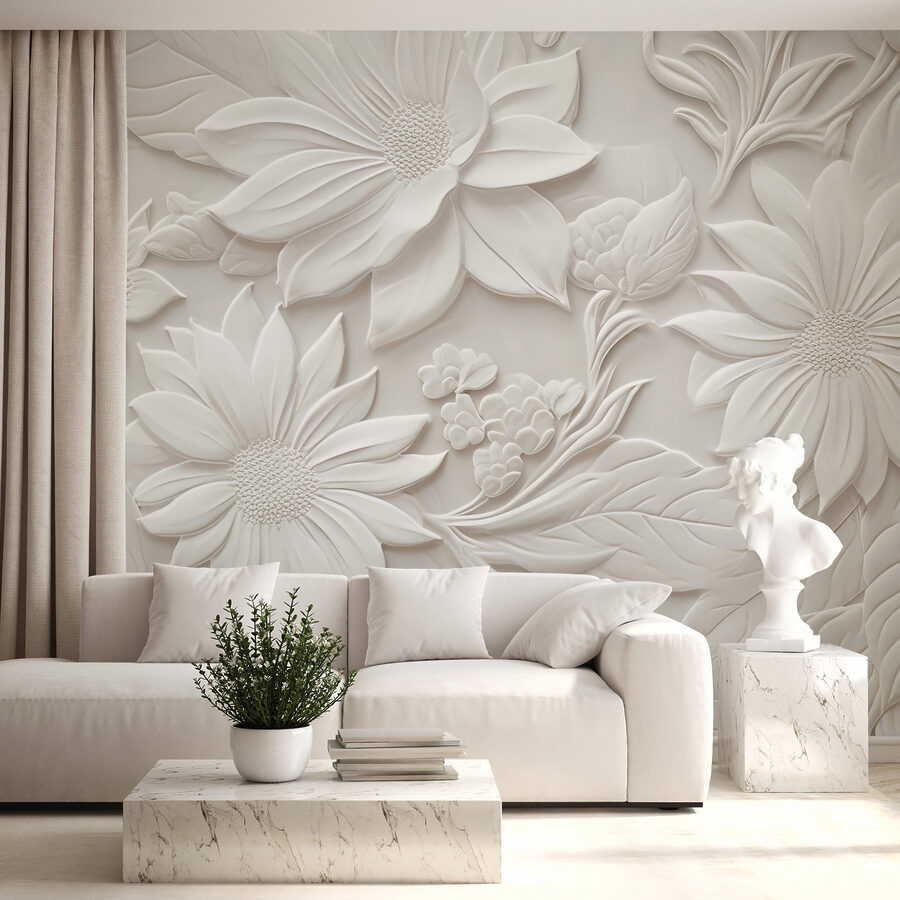 Fotomurales Pared blanca con flores y hojas - Imagen 2