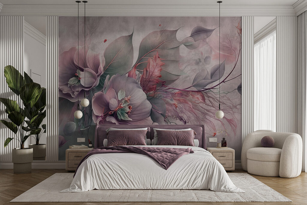 A painting of flowers and leaves