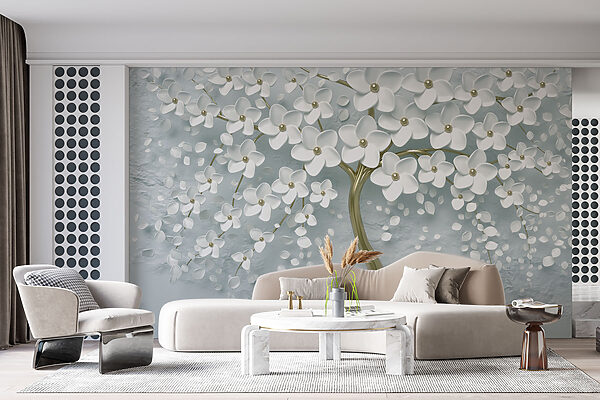 Tree with white flowers on a grey background