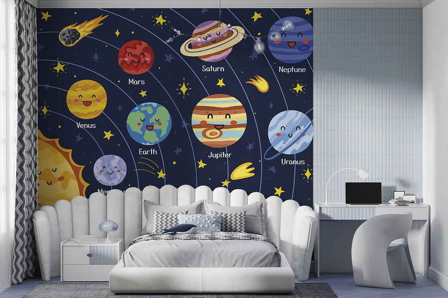 Planetas y estrellas de dibujos animados en el espacio