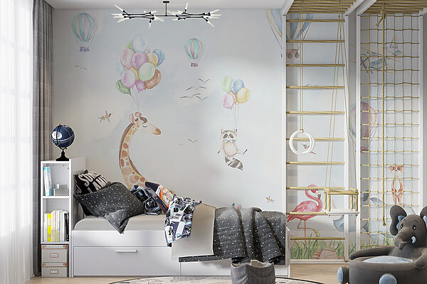 Watercolor of animals and balloons