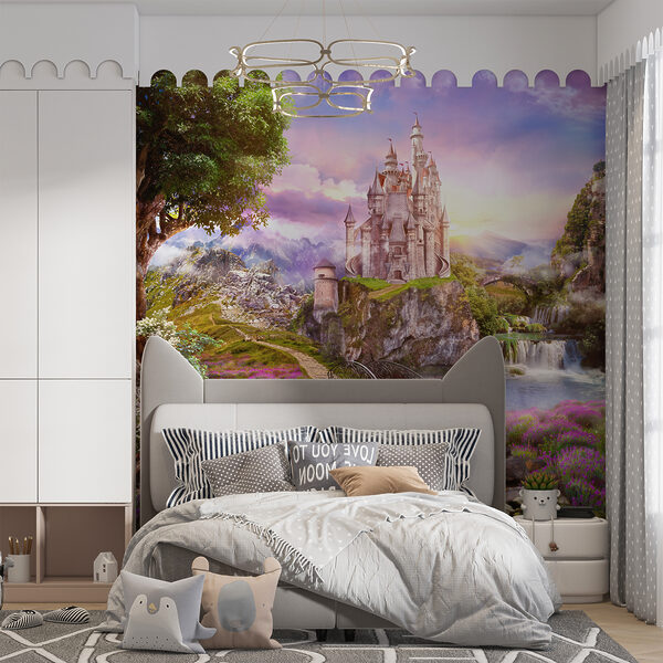 Castillo en un acantilado con una cascada y un puente Castillo en un acantilado con una cascada y un puente